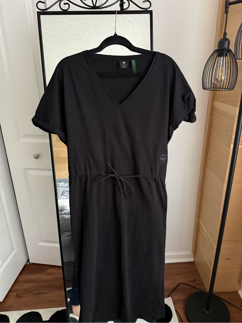 GAP Black V-Neck Drawstring Midi Dress